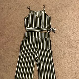 Black, Green, and White Two piece jumpsuit.